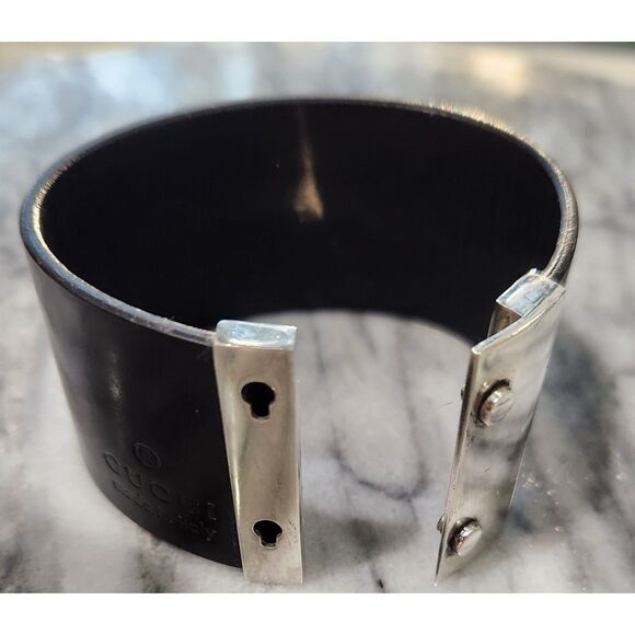Gucci 925 Silver & Black Leather Cuff Bracelet in Box - Picture 5 of 13
